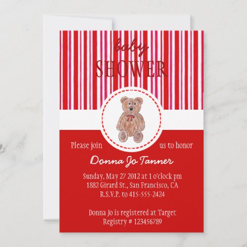 Teddy Bear Sketch Baby Shower Invitation - Red