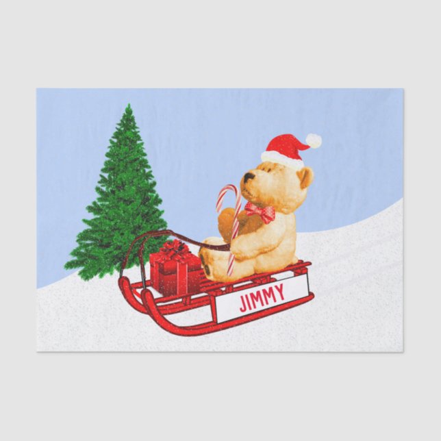 Teddy Bear Sled Present Christmas Gift Wrapping Tissue Paper (Front)