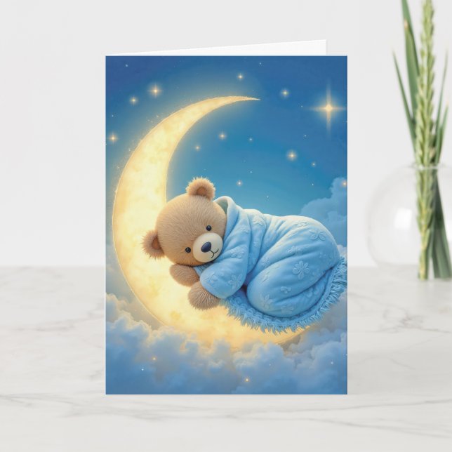 Teddy Bear Sleeping On a Crescent Moon Card (Front)