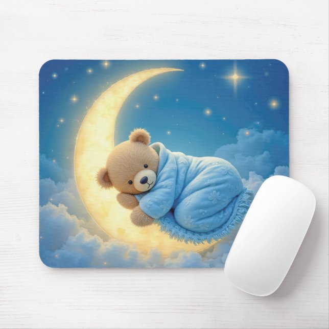Teddy Bear Sleeping on a Moon Mouse Pad (With Mouse)