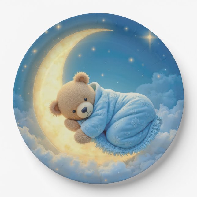 Teddy Bear Sleeping on a Moon Paper Plates (Front)