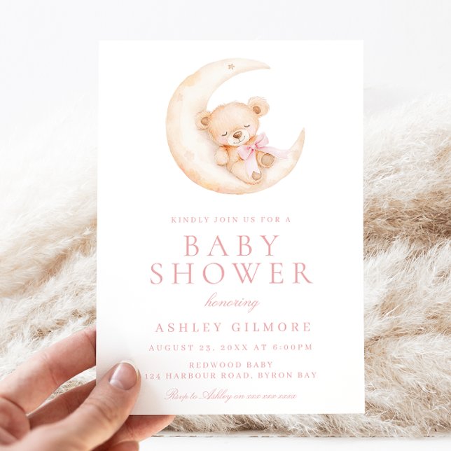Teddy Bear Sleeping on the Moon Pink Baby Shower  Invitation (Creator Uploaded)