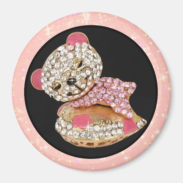 Teddy bear sleeping sparkly diamond cute pinl magnet (Front)