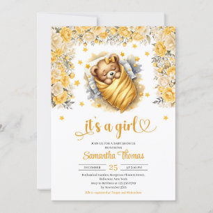 Teddy bear sleeping yellow flower girl baby shower invitation