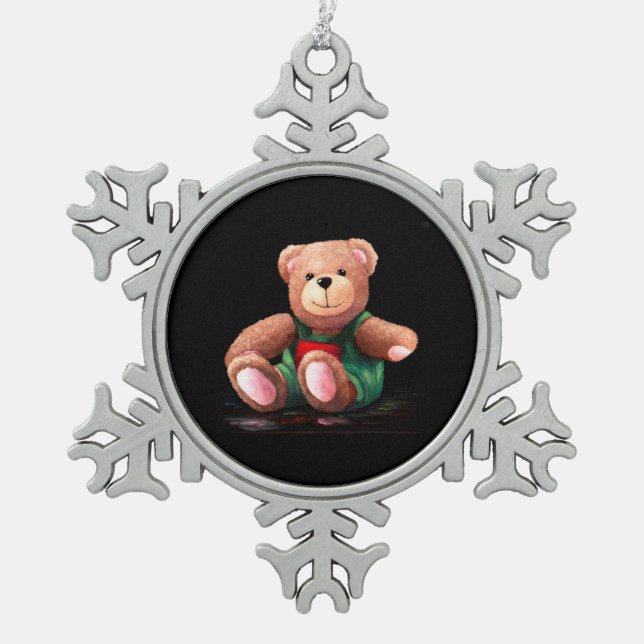 Teddy Bear  Snowflake Pewter Christmas Ornament (Front)