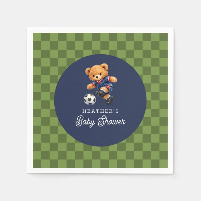 Teddy Bear Soccer Sport Checkboard Baby Shower Napkins (Front)