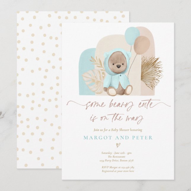 Teddy Bear Some Beary Cute Boho Baby Shower  Invitation (Front/Back)