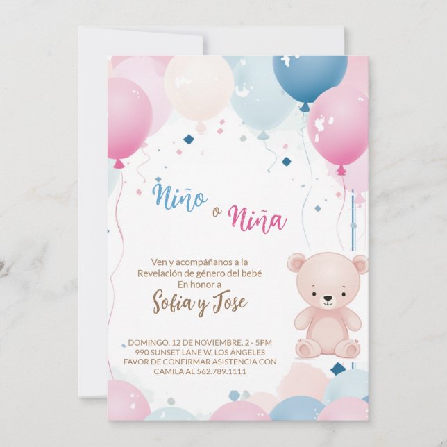 Teddy Bear Spanish Gender Reveal He or She  Invitation (Front)