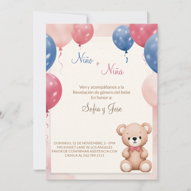 Teddy Bear Spanish Gender Reveal Invitation (Front)