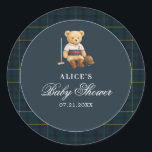 Teddy Bear Sport  Navy Blue Baby Shower Classic Round Sticker<br><div class="desc">Add the perfect finishing touch with our elegant gift stickers! Featuring the same charming teddy bear in sporty equestrian polo attire, these stickers bring a cohesive and elegant look to your party favors. The design showcases our classic deep navy and green Scottish tartan border against a rich navy blue background....</div>