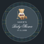 Teddy Bear Sport  Navy Blue Baby Shower Classic Round Sticker<br><div class="desc">Add the perfect finishing touch with our elegant gift stickers! Featuring the same charming teddy bear in sporty equestrian polo attire, these stickers bring a cohesive and elegant look to your party favors. The design showcases our classic deep navy and green Scottish tartan border against a rich navy blue background....</div>
