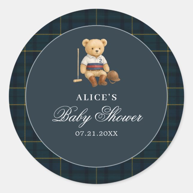 Teddy Bear Sport  Navy Blue Baby Shower Classic Round Sticker (Front)