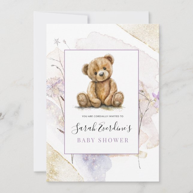 Teddy Bear Spring Wildflowers Baby Shower Invitation (Front)