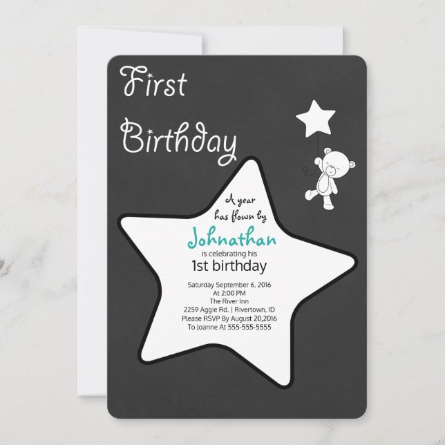 Teddy Bear & Star Balloon Floating First Birthday Invitation (Front)