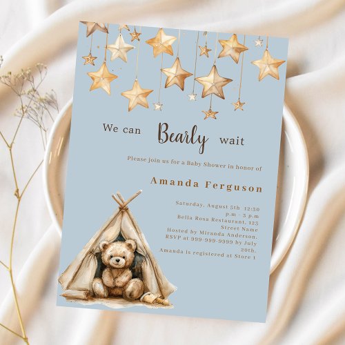 Teddy bear star blue budget Baby Shower invitation