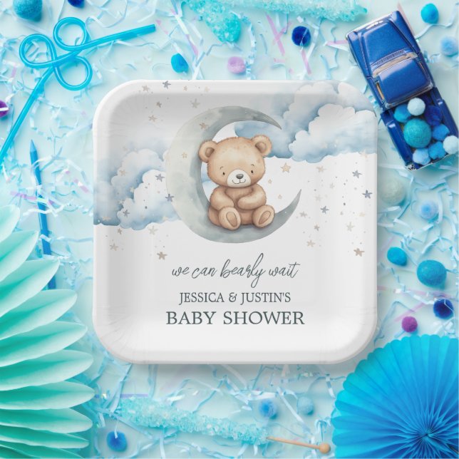 Teddy Bear Stars and Moon Baby Shower Paper Plates (Party)