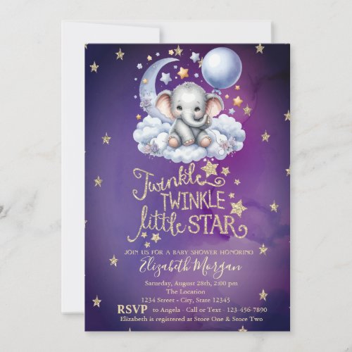 Teddy Bear Stars Moon Clouds Violet Baby Shower Invitation
