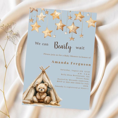 Teddy bear stars teepee blue Baby Shower Invitation