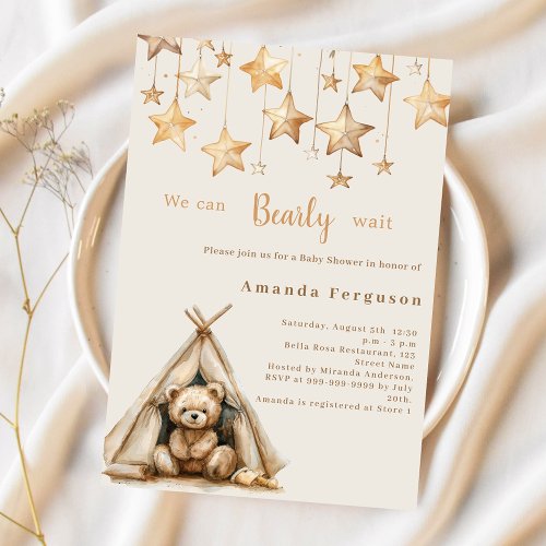 Teddy bear stars teepee boho Baby Shower Invitation