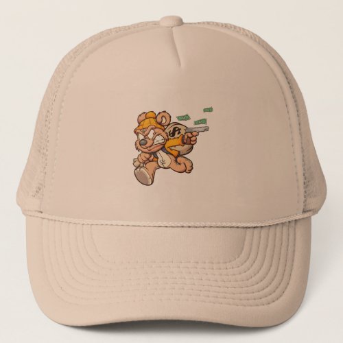 teddy bear stealing a big bag of money trucker hat