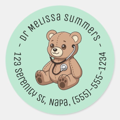 Teddy Bear Stethoscope Doctor Round Text Green Classic Round Sticker