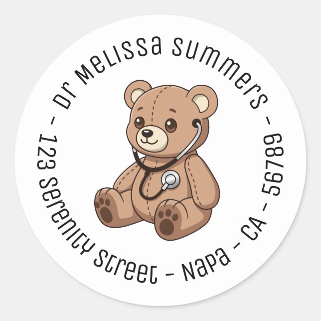 Teddy Bear Stethoscope Pediatrician Round Text Classic Round Sticker (Front)