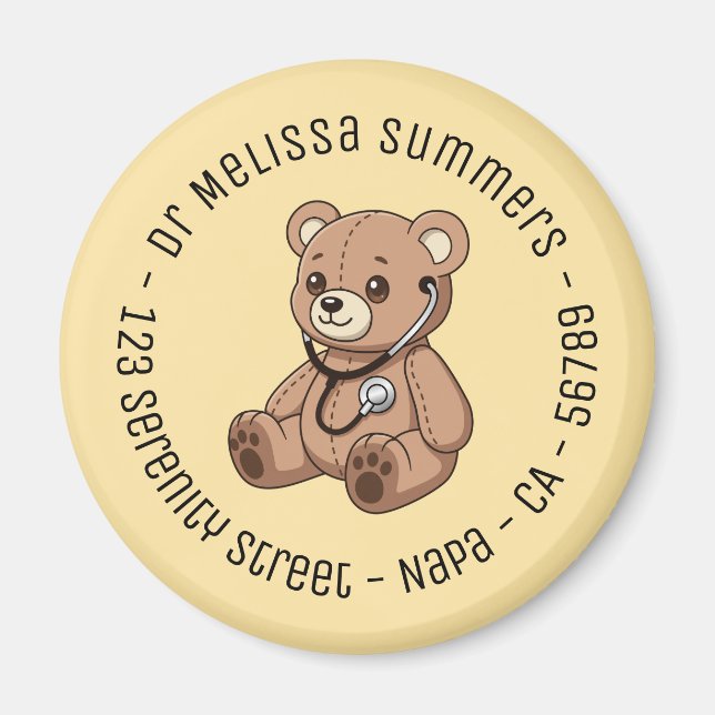 Teddy Bear Stethoscope Pediatrician Round Yellow Magnet (Front)