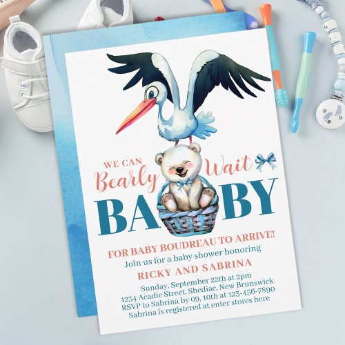 Teddy Bear Stork Bearly There Blue Baby Shower Invitation