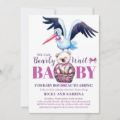 Teddy Bear Stork Bearly There Pink Baby Shower Invitation (Front)