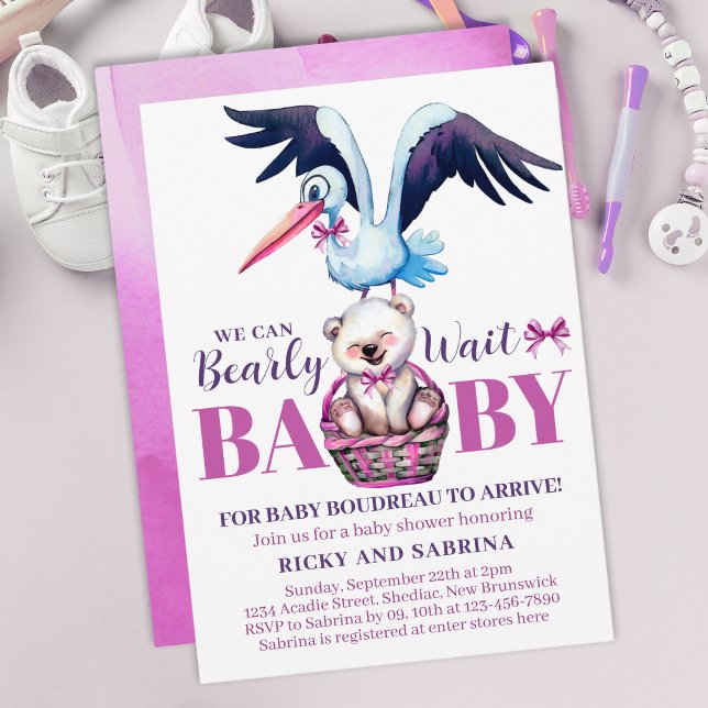 Teddy Bear Stork Bearly There Pink Baby Shower Invitation