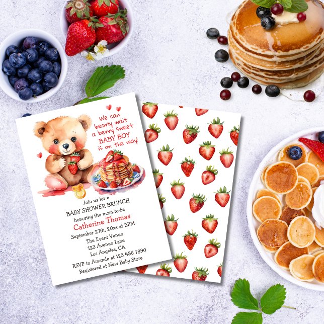 Teddy Bear Strawberry Pancake Brunch Baby Shower Invitation (Creator Uploaded)