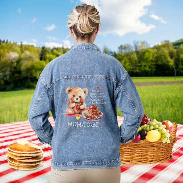 Teddy Bear Strawberry Pancake Brunch Mom-To-Be Denim Jacket (Creator Uploaded)