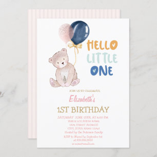 Teddy Bear Striped Hello Little One Birthday  Invitation