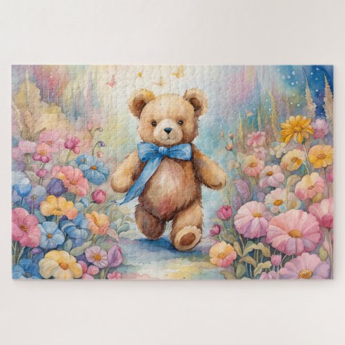 Teddy bear strolling In a Pastel Garden Jigsaw Puzzle