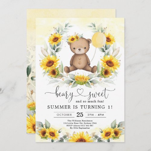 Teddy Bear Summer Sunflower Greenery Birthday Girl Invitation