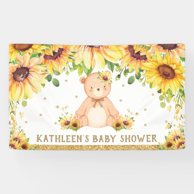 Teddy Bear Sunflower Baby Shower Birthday Backdrop Banner (Horizontal)