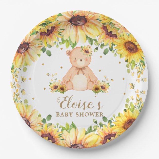Teddy Bear Sunflower Baby Shower Birthday Party Paper Plates (Front)