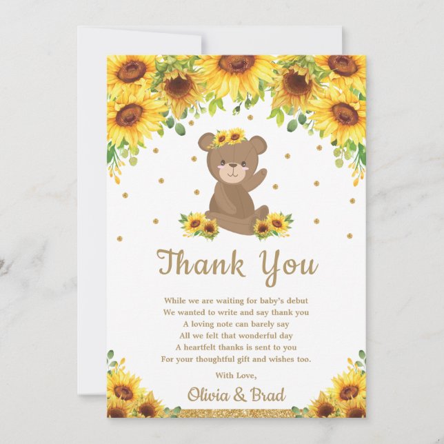 Teddy Bear Sunflower Baby Shower Birthday Thank You Card (Front)
