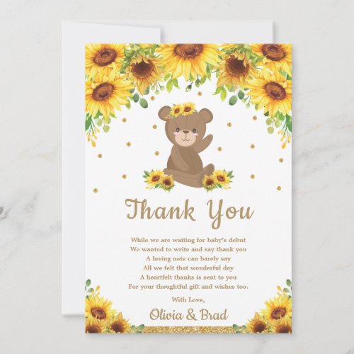 Teddy Bear Sunflower Baby Shower Birthday Thank You Card