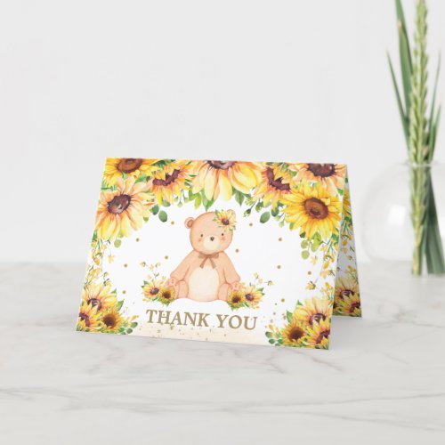 Teddy Bear Sunflower Floral Baby Shower Birthday Thank You Card