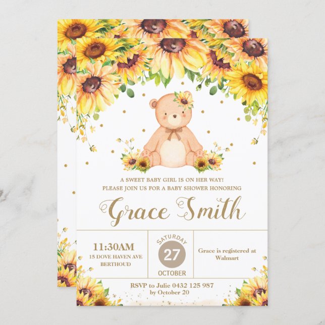 Teddy Bear Sunflower Floral Baby Shower Girl  Invi Invitation (Front/Back)