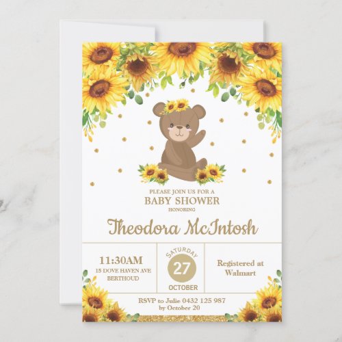 Teddy Bear Sunflower Floral Baby Shower Girl Invitation