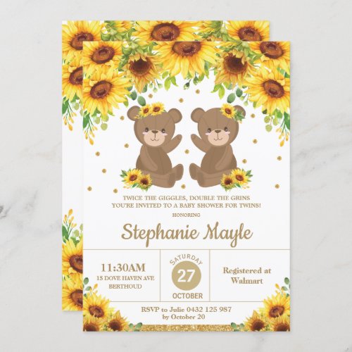 Teddy Bear Sunflower Floral Baby Shower Twin Girls Invitation