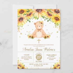 Teddy Bear Sunflower Floral Christening Baptism Invitation