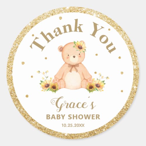 Teddy Bear Sunflower Thank You Favor Gold Glitter  Classic Round Sticker