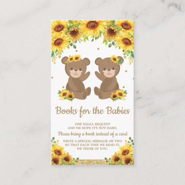 Teddy Bear Sunflower Twin Baby Shower Bring a Book Enclosure Card (Front)