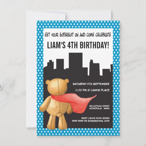 Teddy Bear Super Hero Boys Birthday Party Invite