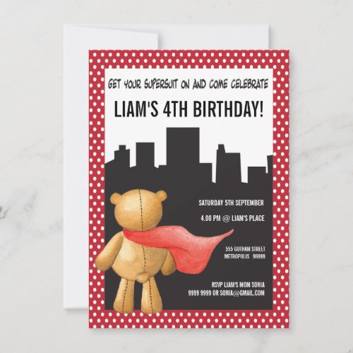 Teddy Bear Super Hero Boys Birthday Party Invite