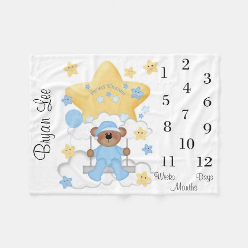 Teddy Bear Swing Baby Milestone Month Photo Prop Fleece Blanket