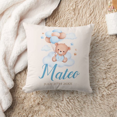 Teddy Bear Tan and Blue Baby Boy Shower Party Gift Throw Pillow